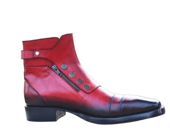 Handmade Red Leather Ankle High Combat Buckle Boot with Zipper and Button Ghost Style