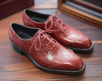 New Handmade Men’s Leather Lace Up Stylish Shoes, Men Burgundy Color Wing Tip Style