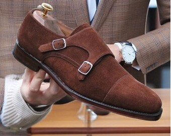 Handmade Men's Brown Double Monk Ankle Leather Shoes, Stylish Dress Formal Shoes