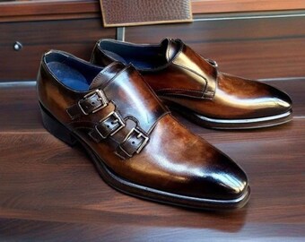 Men's Brown Triple Monk Strap Decent Shoes, Men's Two Tone Buckle Fastening Strap Shoes