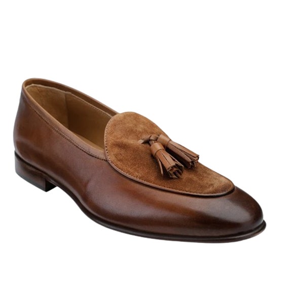 Men Hand Stitch Tan Brown Leather and Suede Tassels Loafer Genuine Leather Shoes Handcrafted Brogue Formal Leather Loafer Shoes Men Fashion