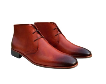 Men's Designer Handmade genuine tan brown leather men's chukka boots long ankle high lace up boots Men Style Boots