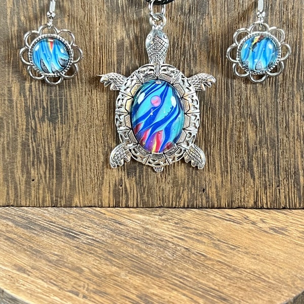 Colorful Fluid Art Necklace ~ Turtle Pendant & Dangle Earring Paint Pour Jewelry Set
