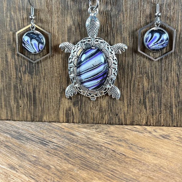 Colorful Fluid Art Necklace ~ Turtle Pendant & Dangle Earring Paint Pour Jewelry Set