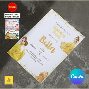 Invito di compleanno La bella e la bestia, invito di compleanno modificabile per ragazze, invito fai da te per il primo compleanno della principessa Belle