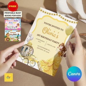 Invito di compleanno La bella e la bestia, invito di compleanno modificabile per ragazze, invito fai da te per il primo compleanno della principessa Belle