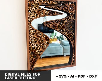 Arquivos digitais Espelho de mandala de rio multicamadas, arte de parede em camadas, corte a laser, decoração para casa