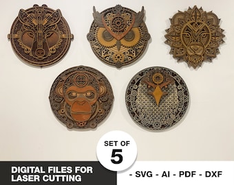 Layered Mandala Animal Head Set: Laser Cut SVG Files (Digital Download)