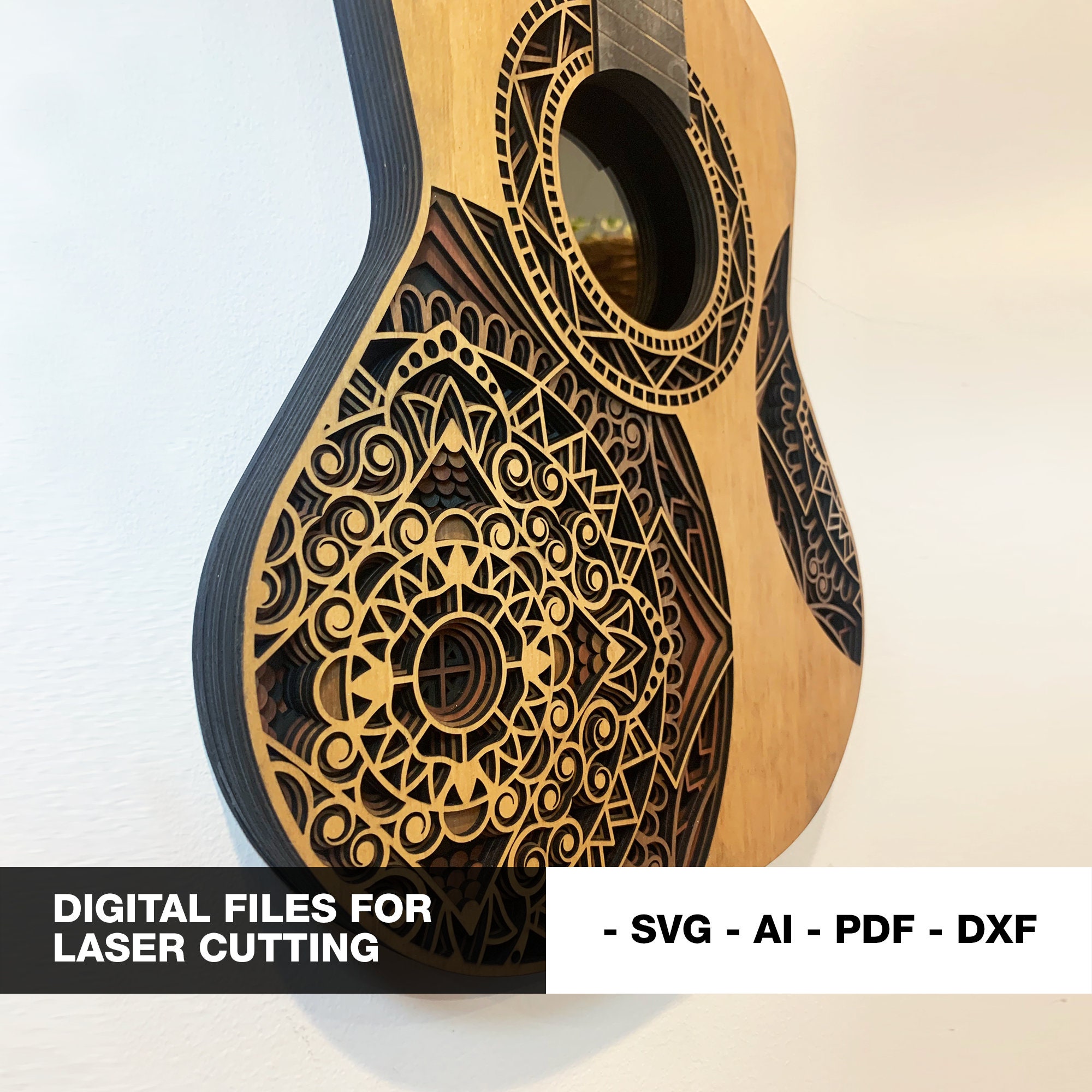 Arquivos digitais espelho de guitarra multicamadas, mandala, arte de parede em camadas, decoração para casa, svg, corte a laser