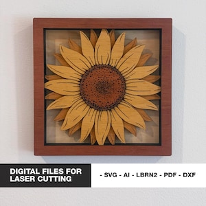 Girassol multicamadas, arquivos digitais, svg, arte de parede em camadas, gravação a laser, decoração para casa, arte em madeira, Lightburn