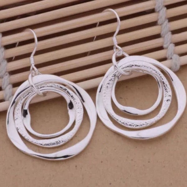 Silver three circle hoop Earrings, Triple Sterling  Silver Earring, Dangle Silver Earrings, Handmade Silver Earrings, Hoop Earrings