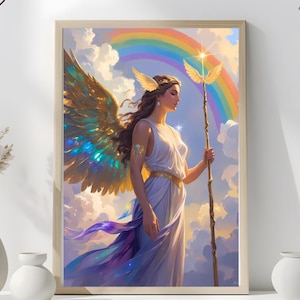 May include: A framed art print featuring a celestial figure with iridescent wings, a white gown, and a golden staff, set against a rainbow and cloudscape. The print has the text "Instant Download" in a circular design.