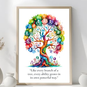 May include: A framed wall art print featuring a colourful watercolour tree with intertwined branches. The leaves are replaced by various disability awareness icons. Below the tree is the text: "Like every branch of a tree, every ability grows in its own powerful way."
