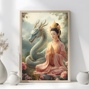 May include: A framed print depicting a woman in a pink robe meditating alongside a blue dragon, set against a backdrop of clouds and flowers. The text at the bottom reads "Instant Download-Print & frame Today!"