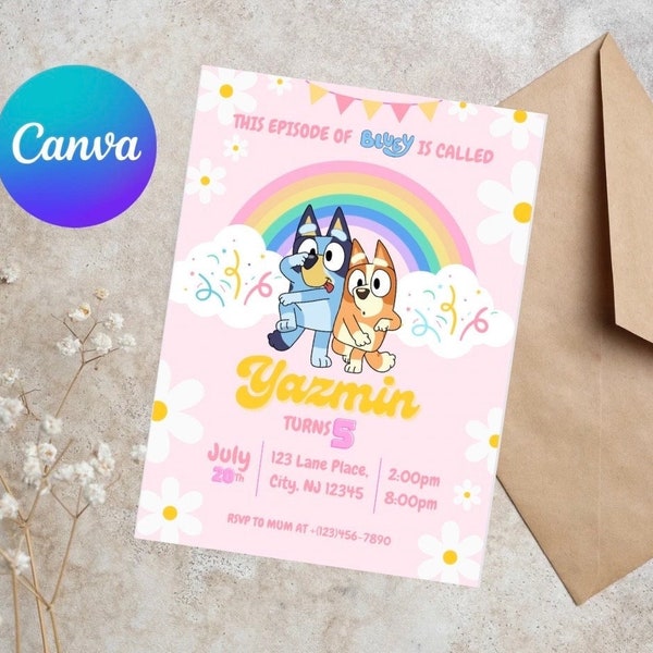 Bluey invitation for girl, edits on Canva, digital download