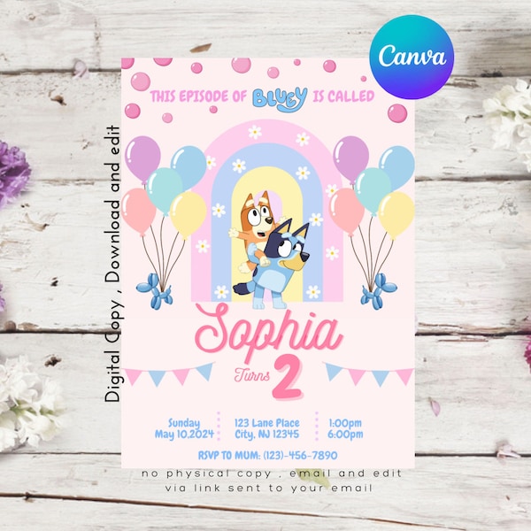 Bluey Birthday Invitation , Bluey and Bingo, Birthday Party, Edit via Canva