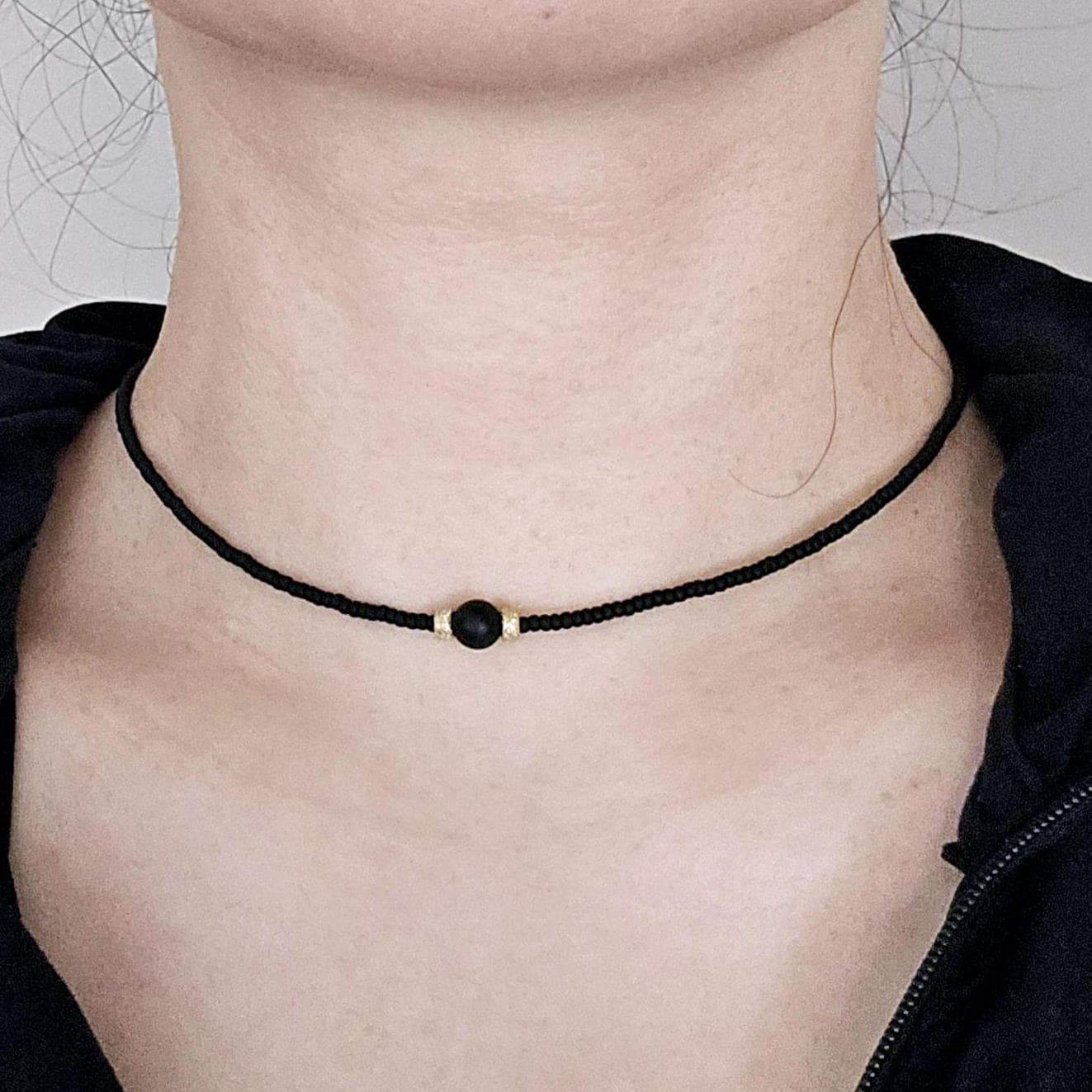 Minimalist Matte Black Onyx and Gold Bead Choker, Handmade Elegant