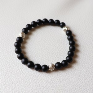 6mm Matte Black Onyx & Sterling Silver Bead Bracelet, Stretchy Gemstone Bracelet, Handmade, Waterproof