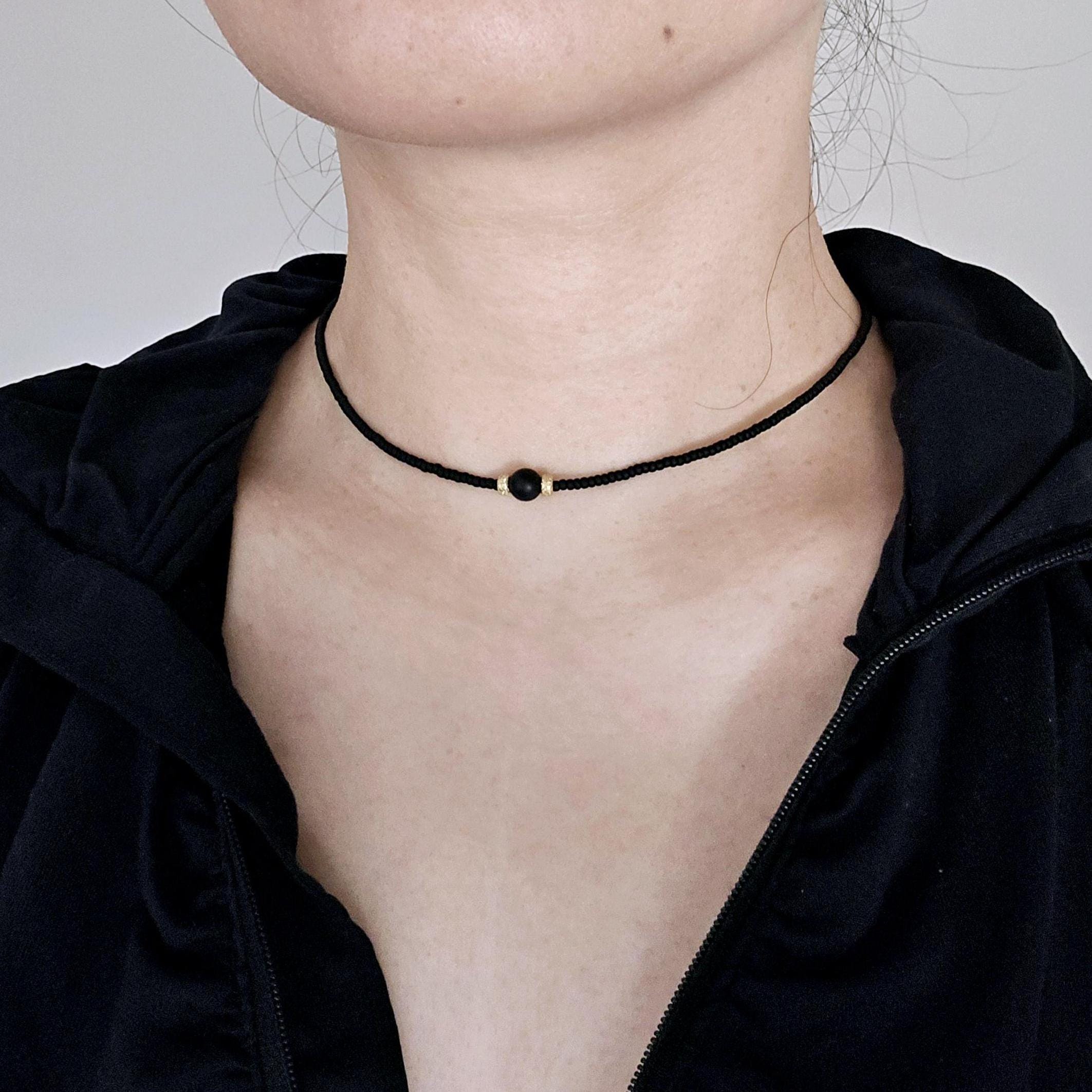 Minimalist Matte Black Onyx and Gold Bead Choker, Handmade Elegant