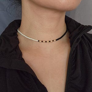 Black and White Bead Choker Necklace, Boho Seed Bead Choker Men Women, Asymmetrical Colored Miyuki Bead Necklace, Unique Handmade Necklace