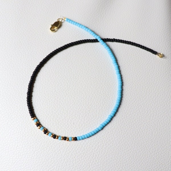 Black & Blue Beaded Choker Necklace, Seed Bead Choker, Unique Handmade Necklace, Boho Bead Choker, Water Proof Necklace