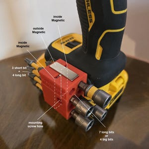 May include: A red bit holder with a magnetic feature is attached to a black and yellow drill. The holder has space for 3 short bits and 4 long bits, plus 7 long bits or 4 big bits. The drill is labeled "BRUSHLESS".