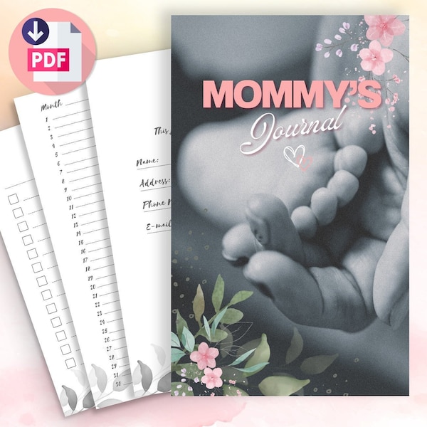 Printable Mom's Journal with floral designs. 8 Pages including lined page, notes, checklist, photo frame, monthly memories, mum planner.