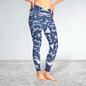 UV-Reactive White Blue Icy Psychedelic Fractal Print Leggings, Yoga Leggings, Festival Leggings,  Festival Clothing, Burning Man, Boom