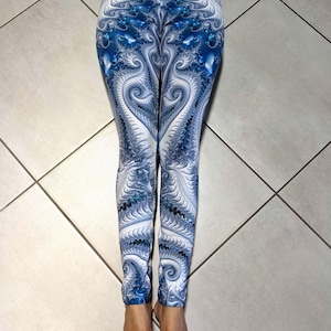 UV-Reactive White Blue Psychedelic Fractal Print Leggings, Yoga Leggings, Festival Leggings,  Festival Clothing, Burning Man, Boom