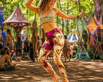 Leggings da yoga con stampa frattale psichedelica, leggings da festival