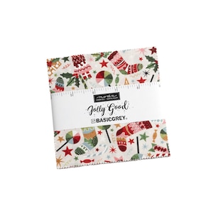 May include: A bundle of fabric squares with a Christmas-themed design. The fabric displays candy canes, stockings, stars, and other festive motifs in red, green, and white. The fabric is wrapped with a white band that reads "Jolly Good" and "BASICGREY".