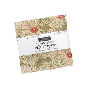 May include: A stack of fabric squares with a floral pattern in beige, green, and red. The fabric is wrapped with a white band that reads "MORRIS MUSE BEST OF MORRIS by Barbara Brackman."