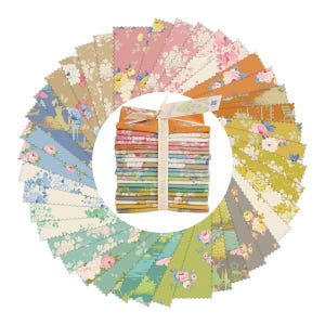 May include: A collection of floral fabric squares, tied with a ribbon, and arranged in a fan shape. The fabrics display floral patterns in pink, blue, green, and yellow hues. These fabrics are suitable for quilting or other craft projects.