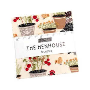 May include: A stack of fabric squares with a cream background featuring a repeating pattern of potted plants, tomatoes, and chickens. The text "THE HENHOUSE BY GINGIBER" is printed on a white label across the center. A ruler is printed on the fabric.