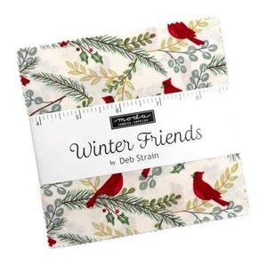 May include: A bundle of fabric squares with a winter design. The fabric displays a pattern of red cardinals, green pine needles, and berries on a cream backdrop. The label reads "Winter Friends" by Deb Strain.