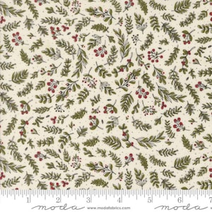 May include: Off-white fabric featuring a repeating design of green leaves and red berries. The leaves are diverse in form, some with black outlines. A ruler is along the bottom edge, with the word "moda" printed on it.