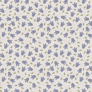 May include: A repeating pattern of bluebell flowers and green leaves on a cream backdrop. The floral design is evenly spaced, creating a delicate and elegant aesthetic. Ideal for fabric or wallpaper, the pattern has a soft, vintage feel.