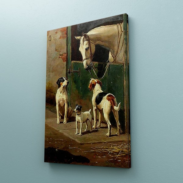 Horse and Dogs Canvas Poster Print, Vintage Oil Painting Canvas, Dogs and Horse at Stable Oil Painting Reproduction Print on Canvas