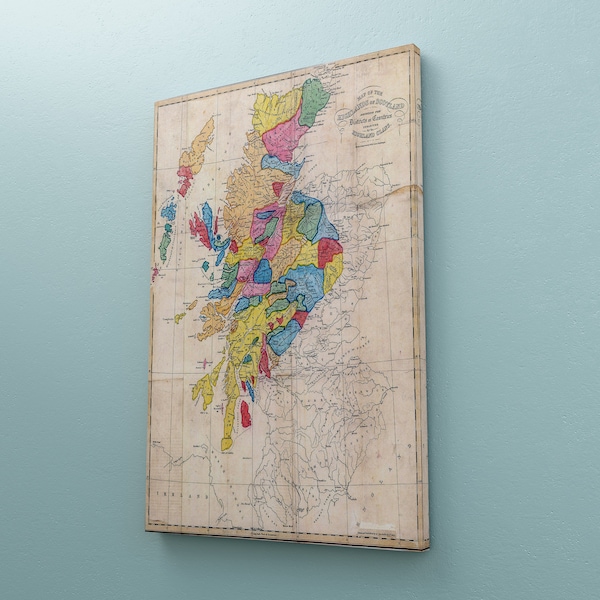 Toile de carte des clans d'Écosse, carte de l'Écosse de 1822 et clans des Highlands écossais - Poster impression d'art carte murale écossaise, une idée cadeau