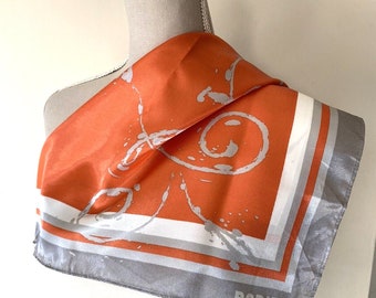 Ladies Vintage Square Scarf RODIER Orange Grey Polyester Abstract Swirl Pattern