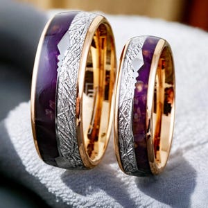 Polished Rose Gold Tungsten Ring with Purple Lapis Lazuli, Faux Meteorite & Feathered Arrow Inlays