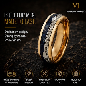 May include: A gold-colored ring with a dark blue inlay and a band of small, sparkling stones. The ring has the text "BUILT FOR MEN. MADE TO LAST." and "VJ (Venatores Jewelers)". The ring is on a dark, textured surface.