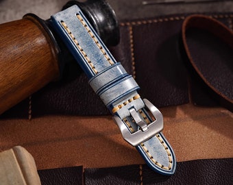 Handmade Vintage Watch Strap | Blue Watch Strap for Panerai | Leather Watch Bands for Men 20MM 22MM 24MM