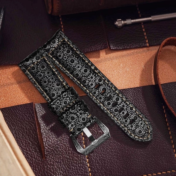 Vintage Leather Watch Strap | Black Pattern Watch Strap | Leather Watch Bands for Men 22MM 24MM 26MM