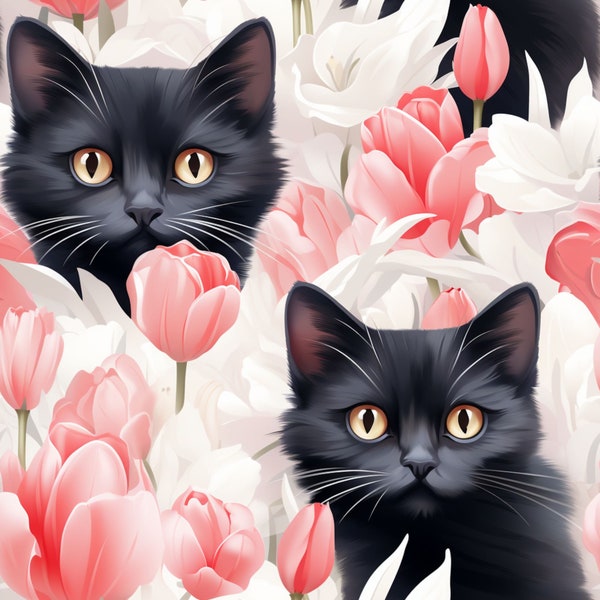 Black Cat Seamless Pattern, Floral Cat Seamless Pattern Tile, Repeating Pattern, Digital Pattern, Commercial Use, pink tulips Seamless