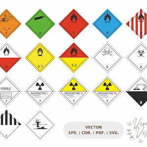 May include: A collection of hazard warning symbols in various colors and designs, including a flame, skull and crossbones, and radioactive symbols. The image also includes the text "VECTOR EPS. | CDR. | PDF. | SVG."