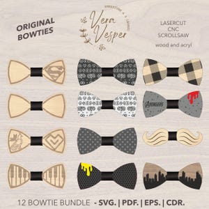 May include: A collection of twelve wooden bowties with various designs, including patterns, logos, and cityscapes. Each bowtie features a black center band. The text "ORIGINAL BOWTIES" and "Vera Vesper" are visible.