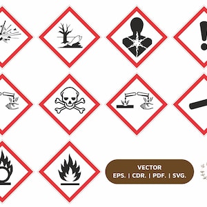 Peut inclure: Ensemble de symboles de danger en forme de losanges rouges et blancs, comprenant des symboles d'explosion, de danger environnemental, de danger pour la santé, point d'exclamation, corrosion, tête de mort, bouteille de gaz et matières inflammables. Le mot "VECTOR" est affiché.