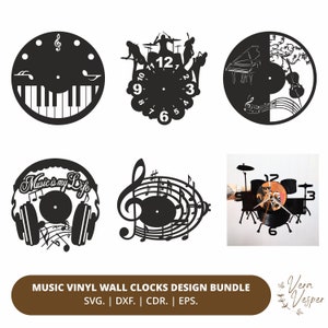 May include: A selection of black vinyl wall clocks with musical designs. The clocks feature a piano keyboard, a drum kit, a treble clef with musical notes, and silhouettes of musical instruments. The phrase "Music is my Life" is also included.