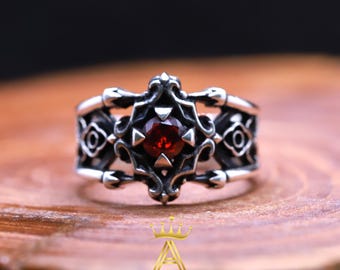 Gothic Art Garnet Ring Silver 925 Fashion Gothic Garnet